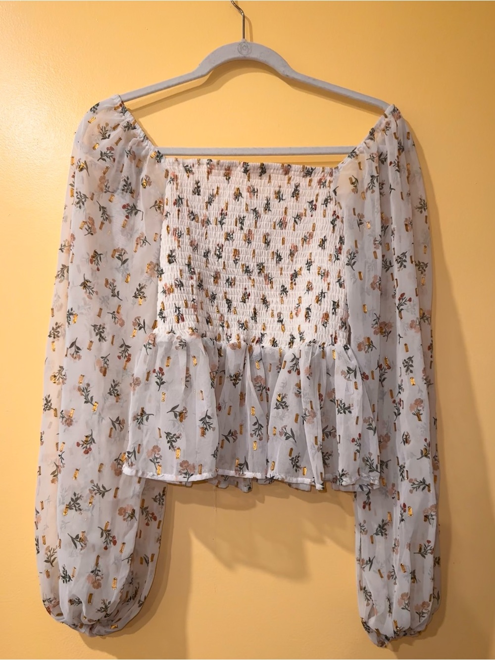 Macy's White Smocked Peasant Blouse with Yellow Floral Print